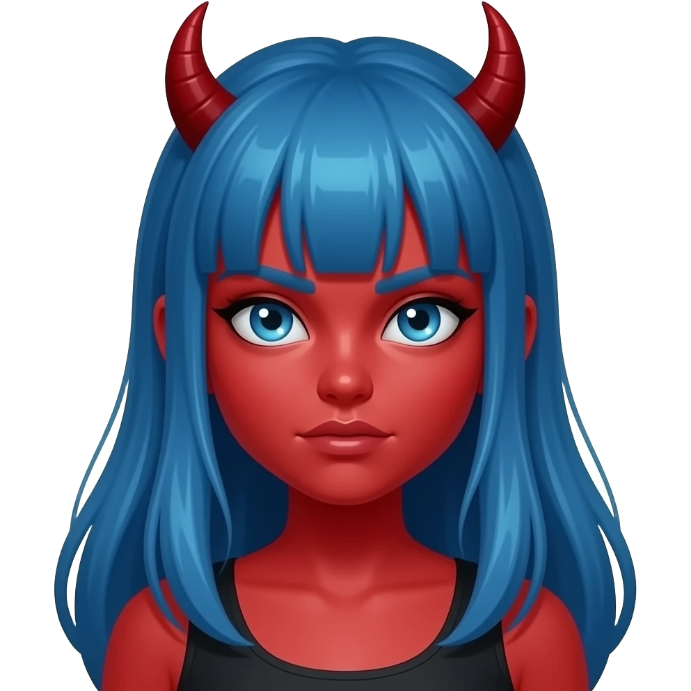 a long blue haired girl with  red face paint devil girl emoji