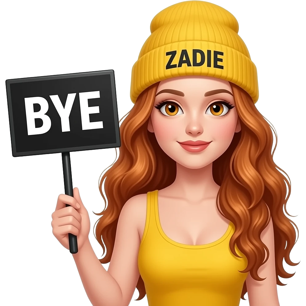 sexy girl with overlong wavy ginger hair and ginger eyes wearing a yellow tanktop and a yellow beanie with ZADIE written on it, is holding a black sign with just BYE on it emoji