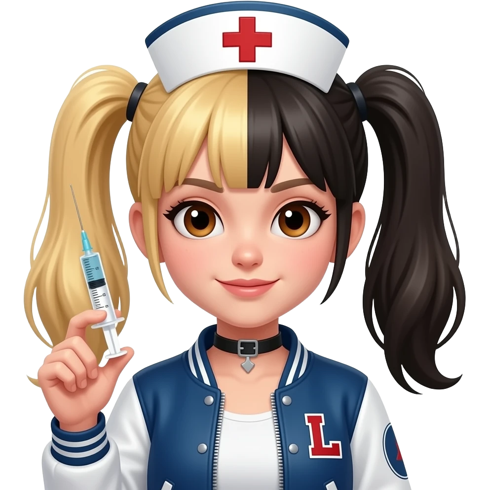 Punk nurse girl with hypodermic needle with half blonde half black hair in pigtails with a letter L patch on jacket and brown eyes emoji