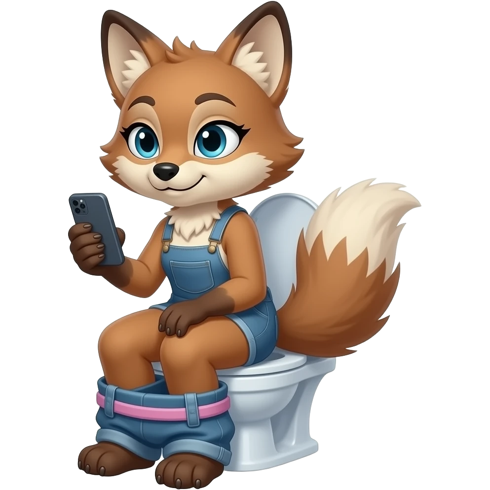 Female coyote furry person woman sitting on toilet,holding phone,fursona emoji