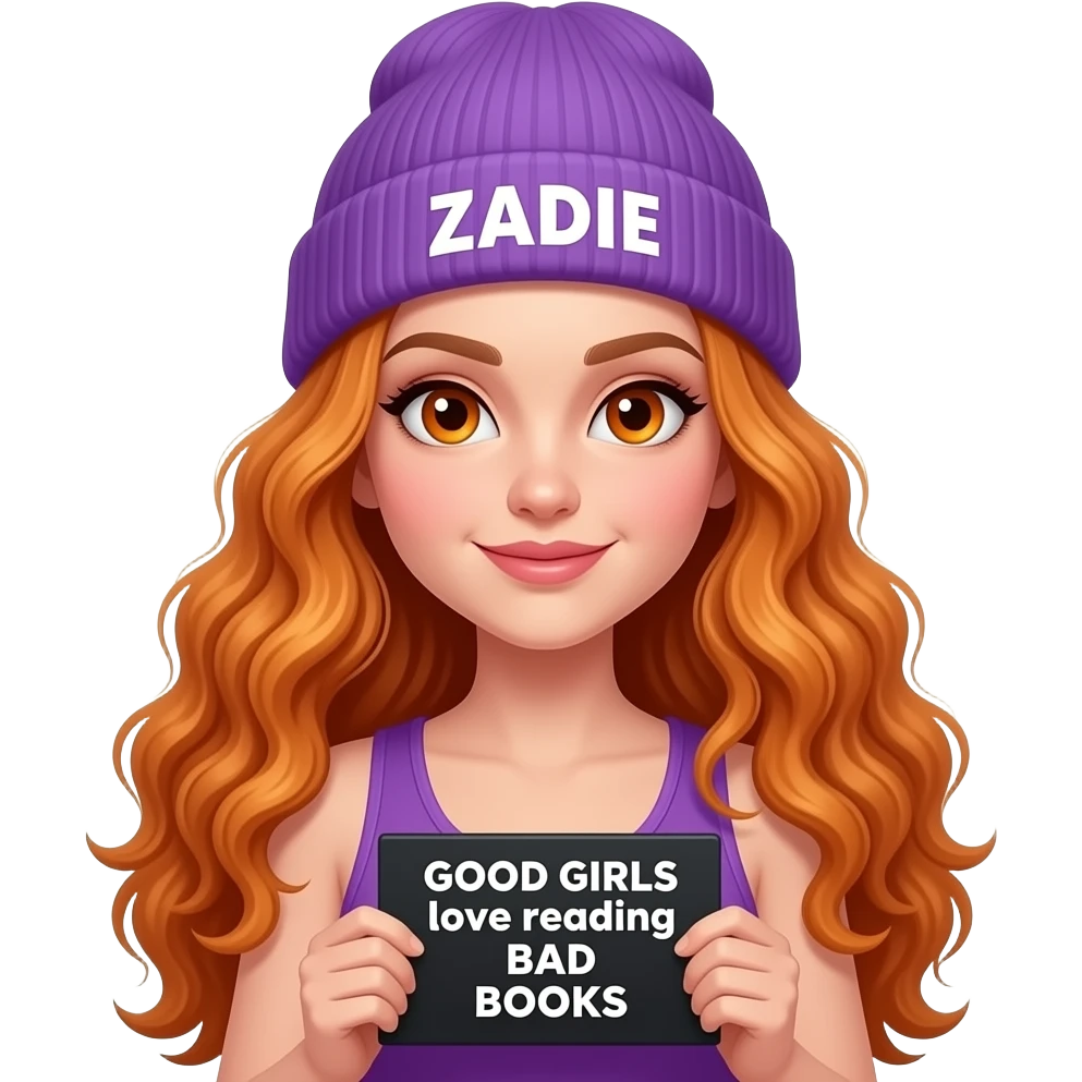 sexy girl with overlong wavy ginger hair and ginger eyes wearing a purple tanktop and a purple beanie with ZADIE written on it, is holding a black sign with GOOD GIRLS love reading BAD BOOKS written on it emoji