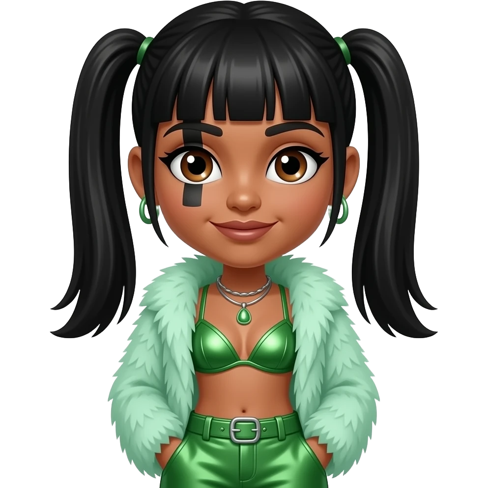 Left Eye from TLC with medium brown skin, brown eyes, black straight two ponytail bang hair, black stripe on left eye, mint green fur shawl, green metallic bra, green metallic baggy pants, necklace and earrings emoji