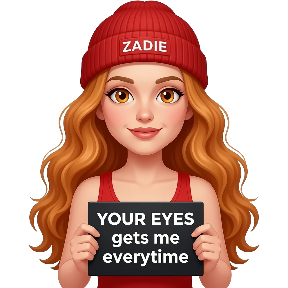 sexy girl with overlong wavy ginger hair and ginger eyes wearing a red tanktop and a red beanie with ZADIE written on it, is holding a black sign with YOUR EYES gets me everytime written on it emoji