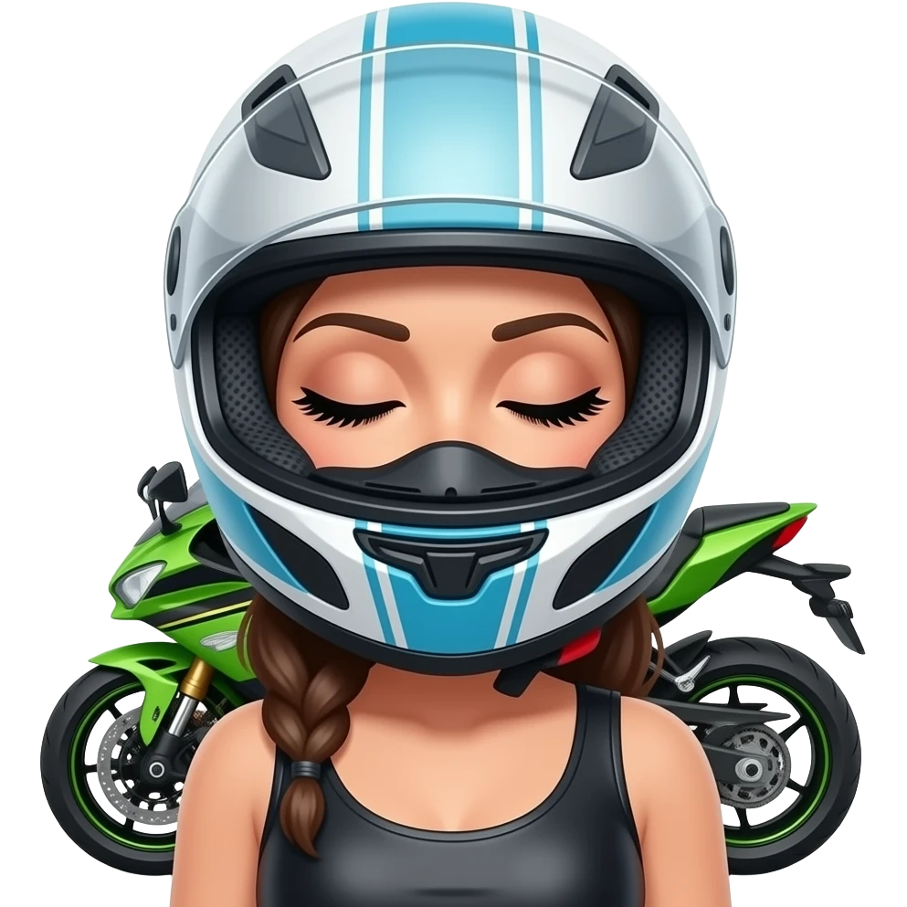 mulher com um capacete de mota que SÓ se ve os seus olhos ou seja a cara é quase toda tapada com o capacete menos os olhos porem aberto e que se veja os cílios bem grandes e a mota ao lado da mulher e a mesma com roupa de motoqueira com os olhos mais relaxados emoji