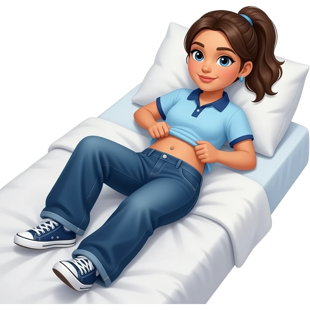Hispanic girl with brown ponytail and blue eyes light blue and dark blue polo and dark blue baggy jeans and belly button laying down on her pillow on her bed with sneakers lifting her shirt belly rolling emoji