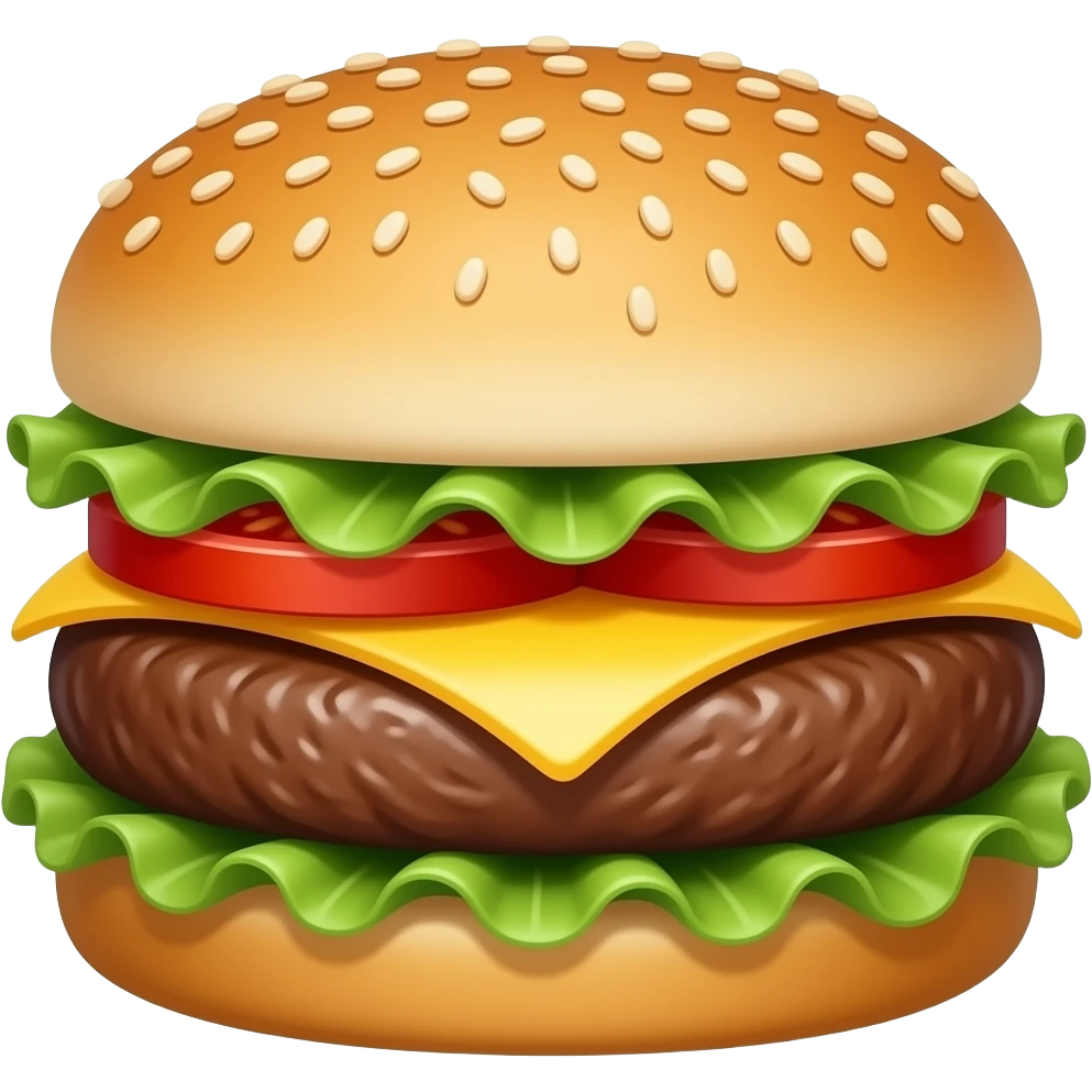 3D emoji style classic hamburger, golden sesame seed bun, 
juicy beef patty, melted yellow cheese, green lettuce, 
red tomato slice, stacked neatly, Apple emoji aesthetic, 
soft highlights, transparent background, bold simple shapes emoji