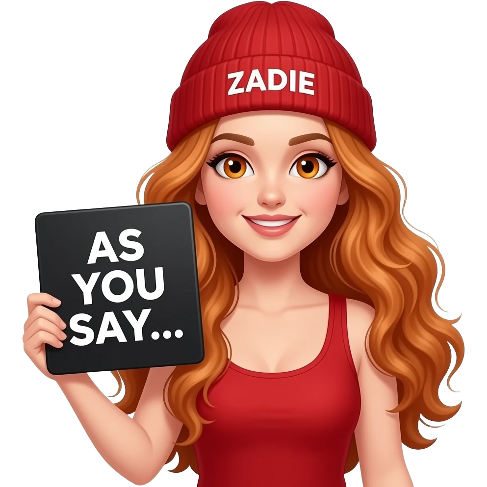 sexy girl with overlong wavy ginger hair and ginger eyes wearing a red tanktop and a red beanie with ZADIE written on it, is holding a black sign with just AS YOU SAY... on it emoji