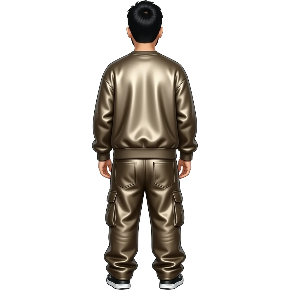 Mike Shinoda from behind with dark beige metallic sweatshirt, dark beige metallic faux baggy pants emoji
