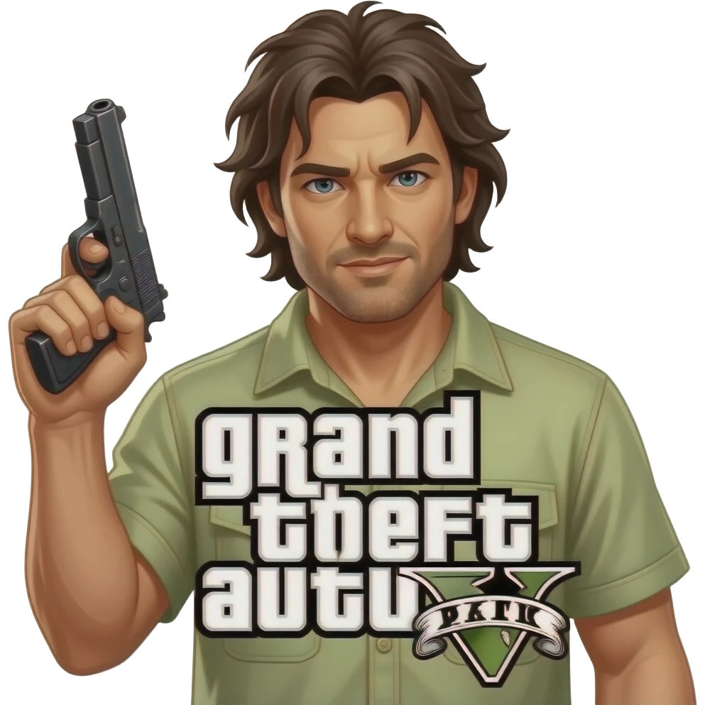 Trevor from GTA5 that has a white skin tone and has a grand theft auto V. sign in the front With messy hair has a gunt emoji