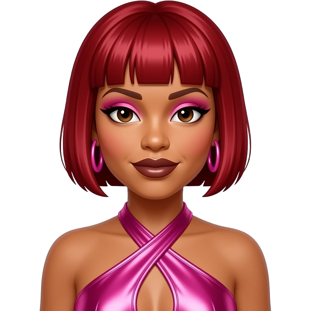 Tionne T-Boz Watkins from TLC with dark brown eyes, light ruby red 90s short bob hair with long sideburns, pink eyeshadow, dark brown lipstick, hot pink metallic halter dress, pink earrings emoji