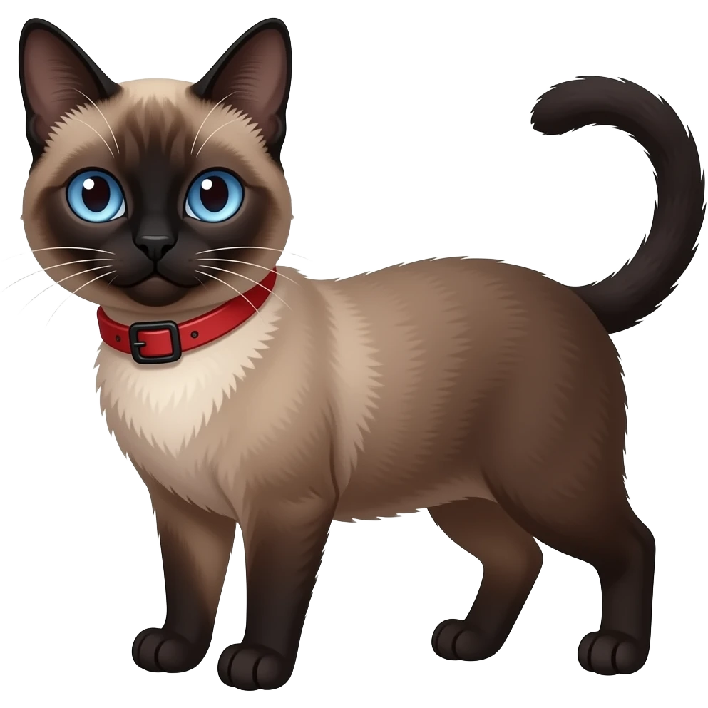 A dark seal-point Siamese Cat with blue eyes and wearing a red collar ...