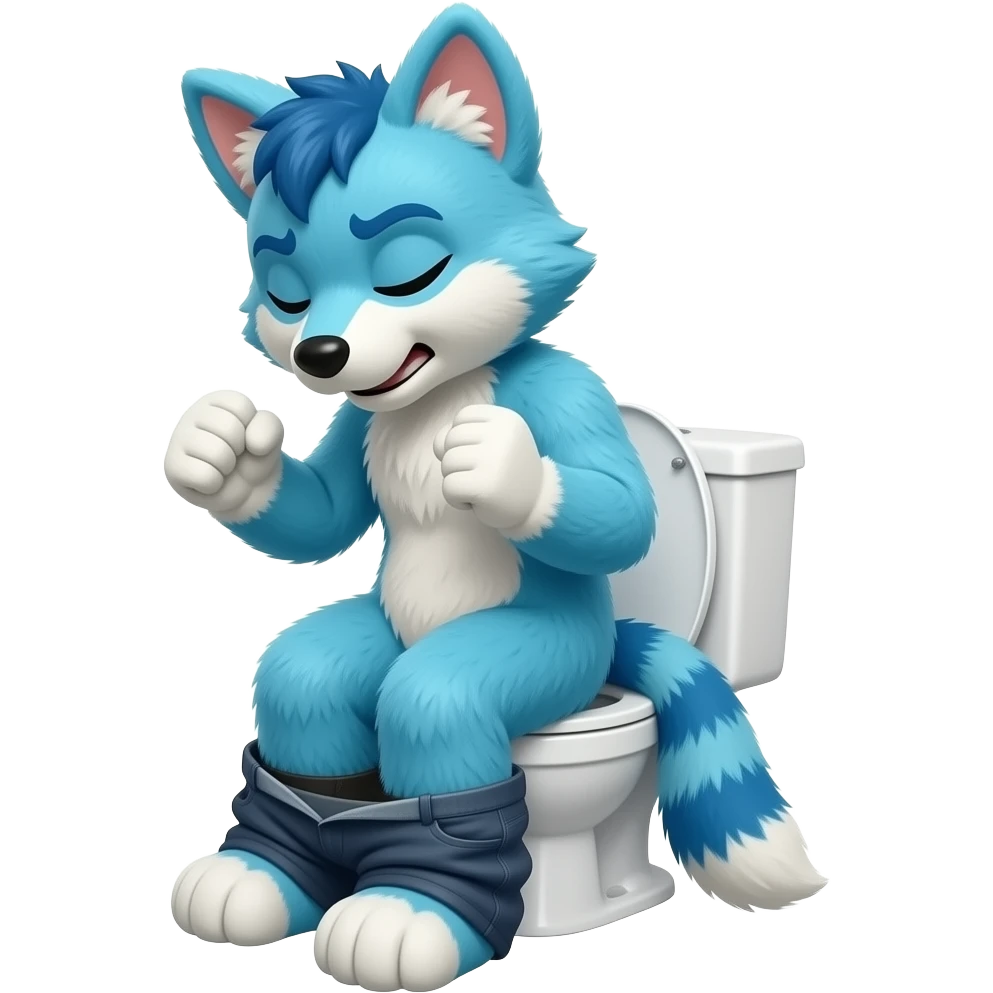 blue fursuit sitting on toilet, side view, pants down, straining, both fists, eyes closed, pushing emoji