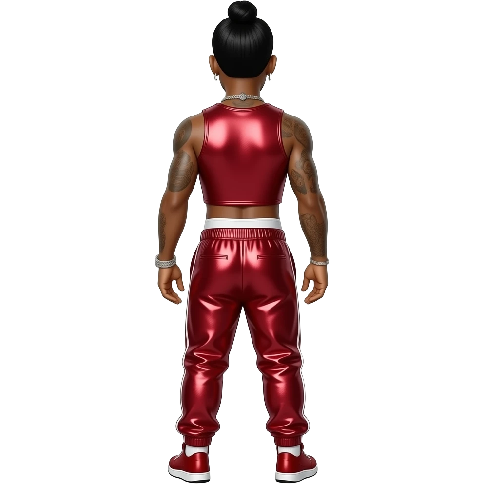 Ginuwine from behind with crimson metallic sweatshirt crop top, crimson metallic baggy joggers with white undies, shirtless with necklace and earrings emoji