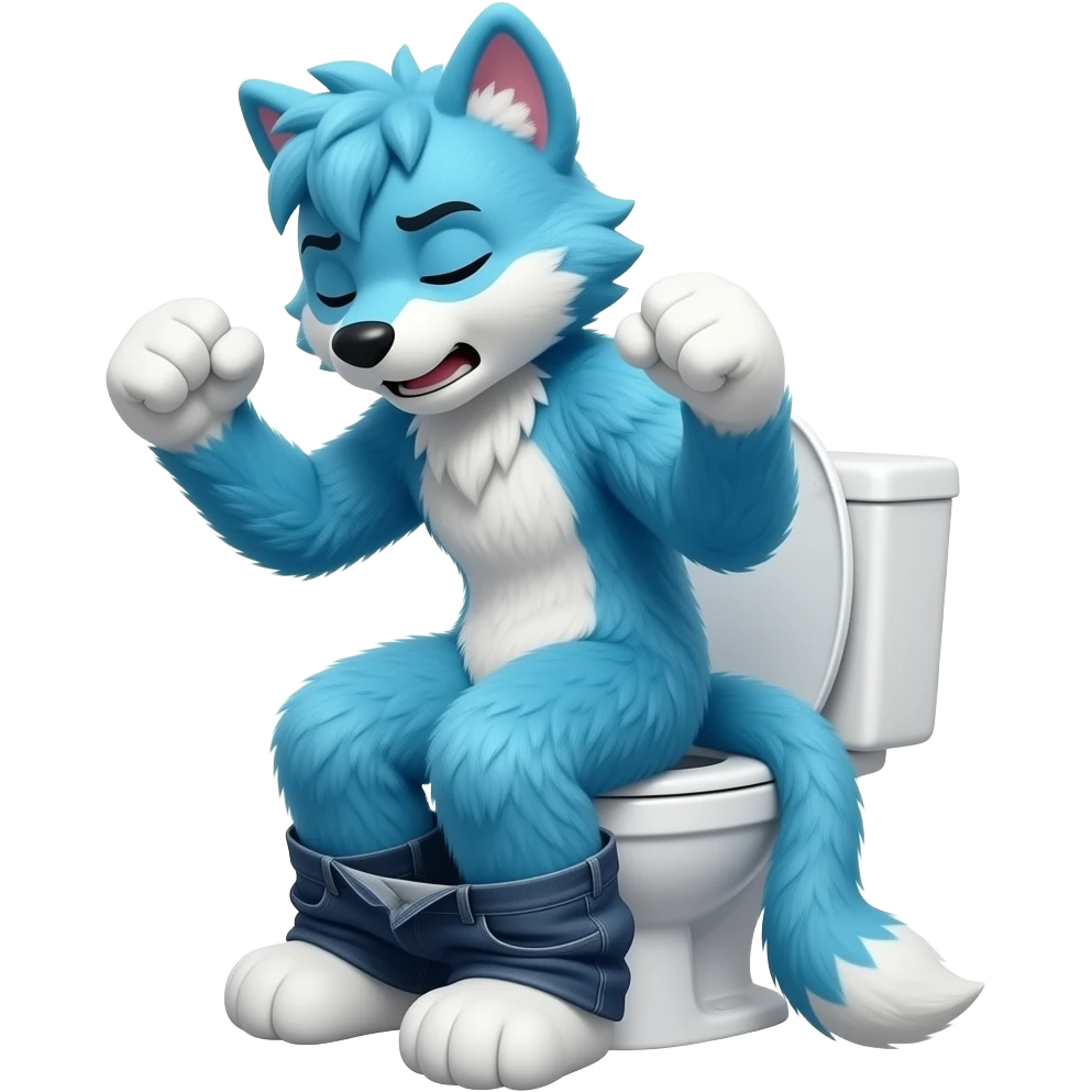 blue furry fursuit sitting on toilet, side view, pants down, straining face, eyes closed, pushing, squeezing, both fists, straining, long tail emoji