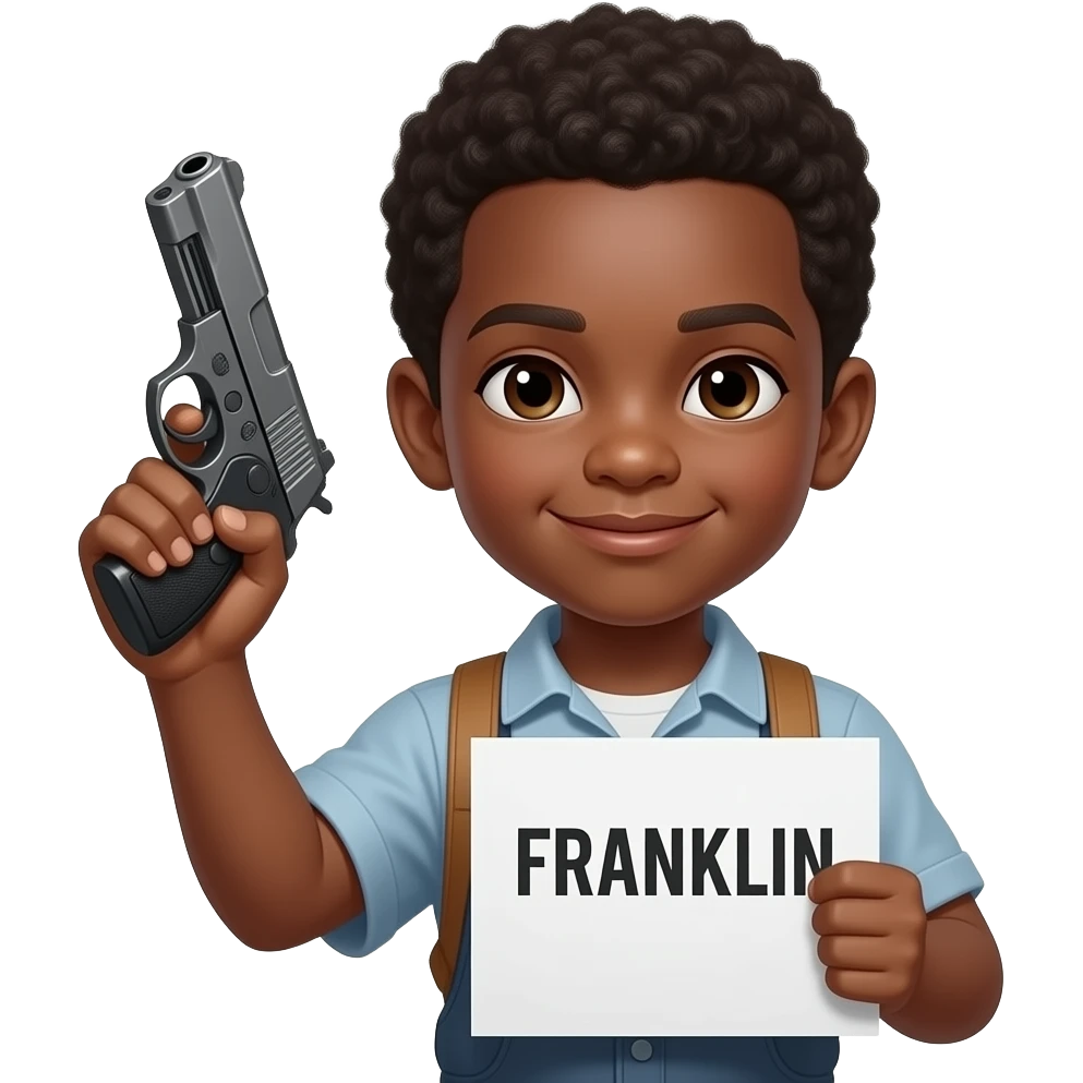A kid Franklin that has a gun which is skin color is black and from GTA5 That is a boy That has a grand theft auto V. Sign in the front emoji