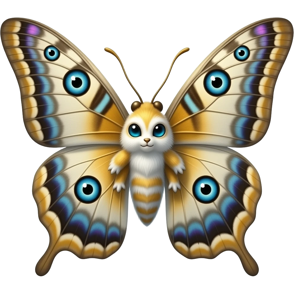 a colossal divine moth-like creature, Massive moth wings with colorful eye patterns, Fuzzy white or golden body, Long antennae, glowing bioluminescence, emoji