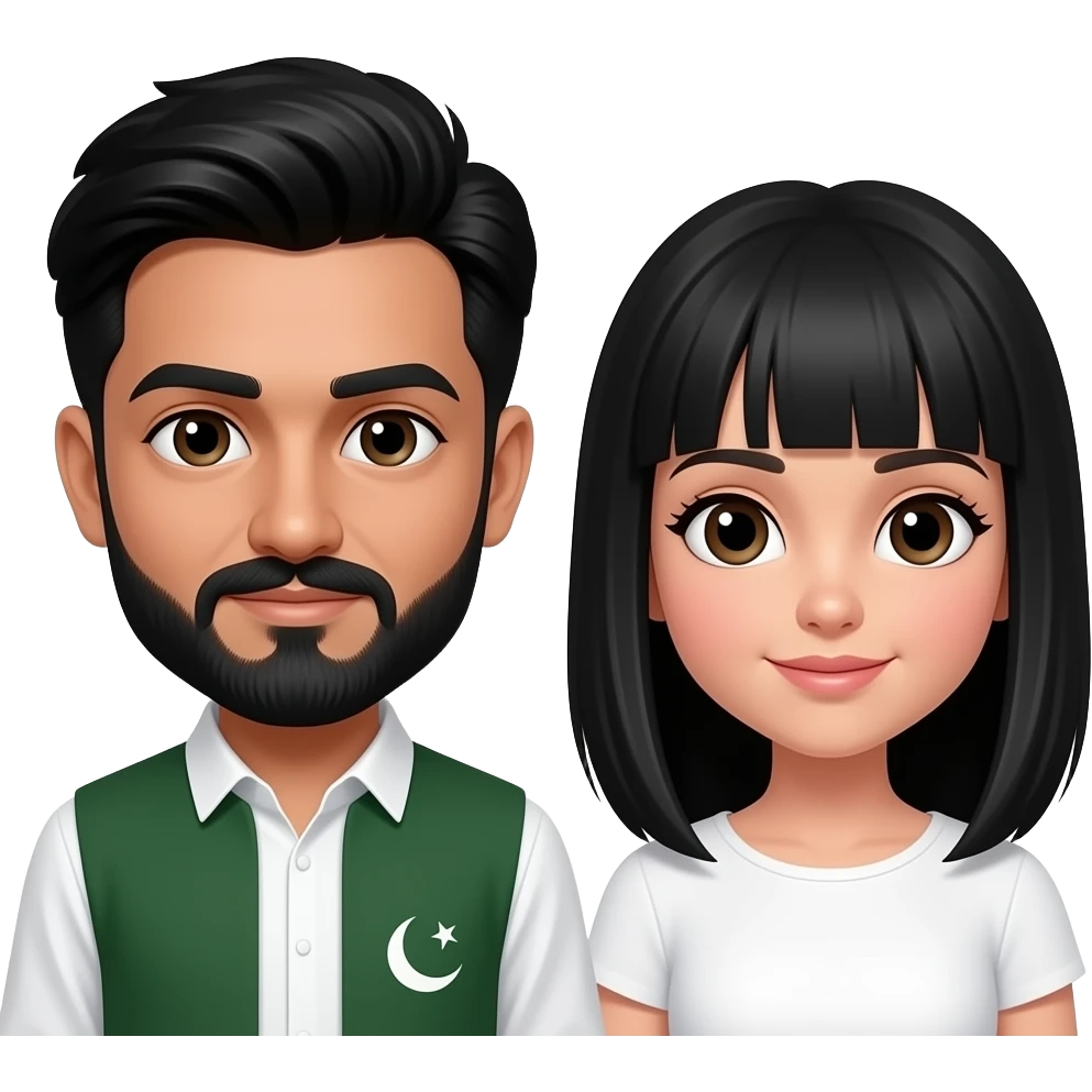 Pakistani guy with black hair, mustache and beard and white girl with black hair without bangs emoji