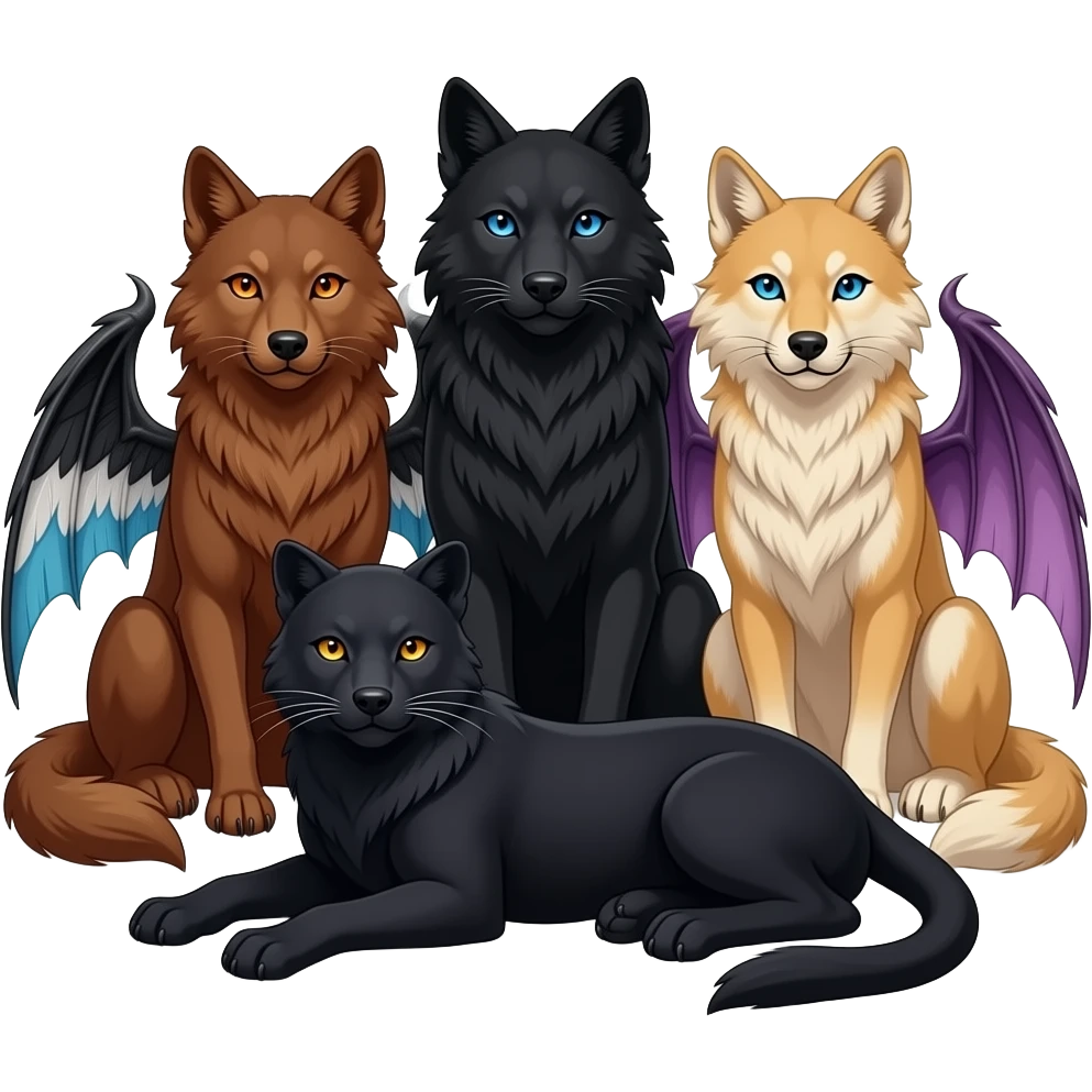 Three wolves are sitting together with a black panther with golden eyes lying at their feet. One wolf russet brown with orange eyes and black, white, and blue feathered wings. The middle wolf is all black with blue eyes, and the last wolf is tan with blue eyes and purplish draconic succubi wings. emoji