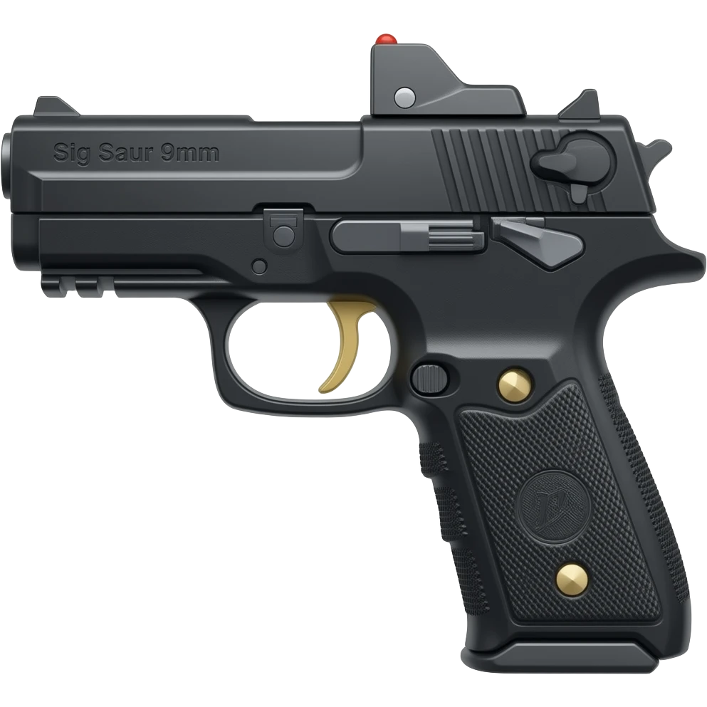 Make a black sig saur 9mm pistol and add the name "Sig Saur 9mm" on the barrel . Make the name darker.   Make a red dot sig saur ROMEO-RS COMPACT ROSE sight on the gun and a gold trigger. emoji