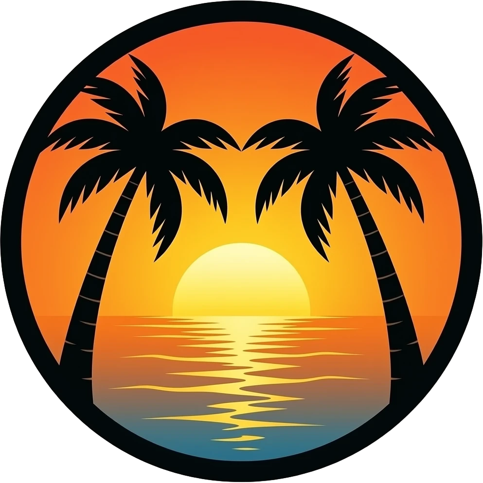 Improve this tropical sunset logo. Keep both palm trees fully inside the circle with no parts outside the border. Preserve the orange sunset, ocean reflection, black silhouettes, and clean vector style. emoji