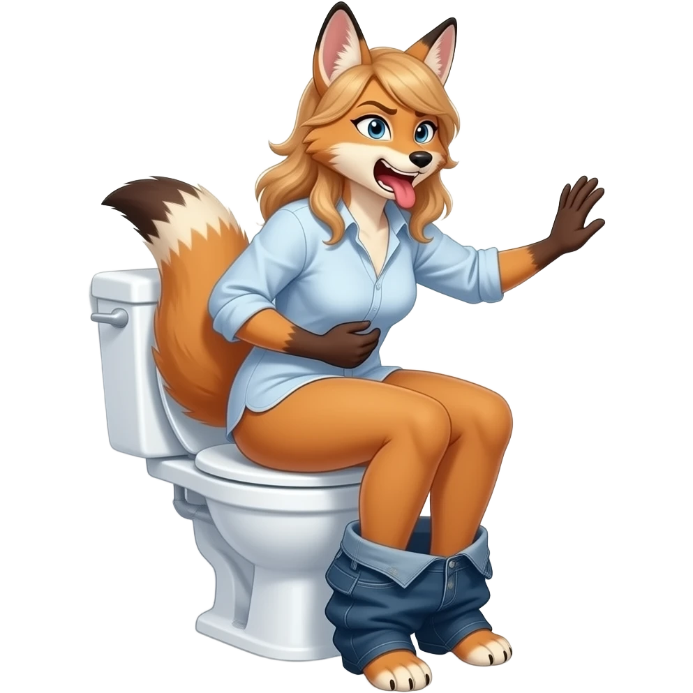 Female jackel furry person woman pants down shirt on,sit on toilet,grunting,hand on wall,hold stomach, fursona emoji