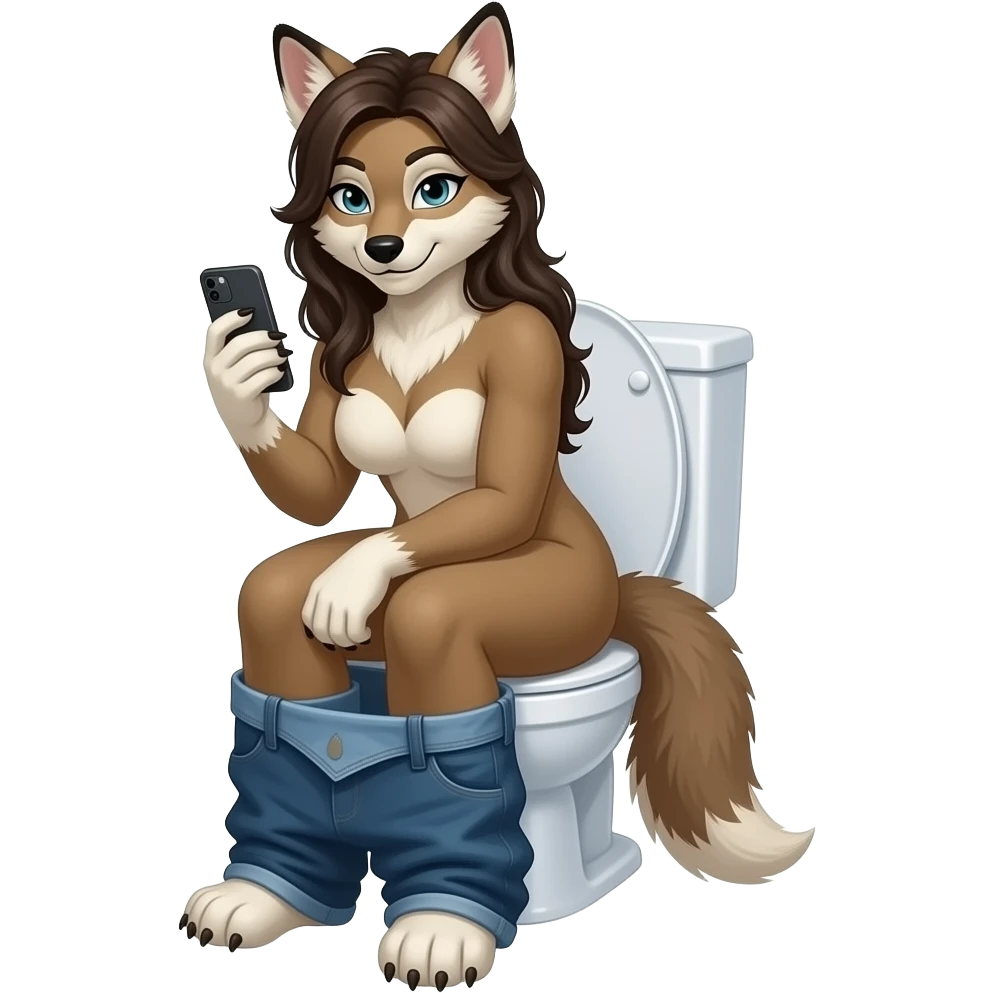 Female coyote furry person woman sitting on toilet,holding phone,fursona emoji