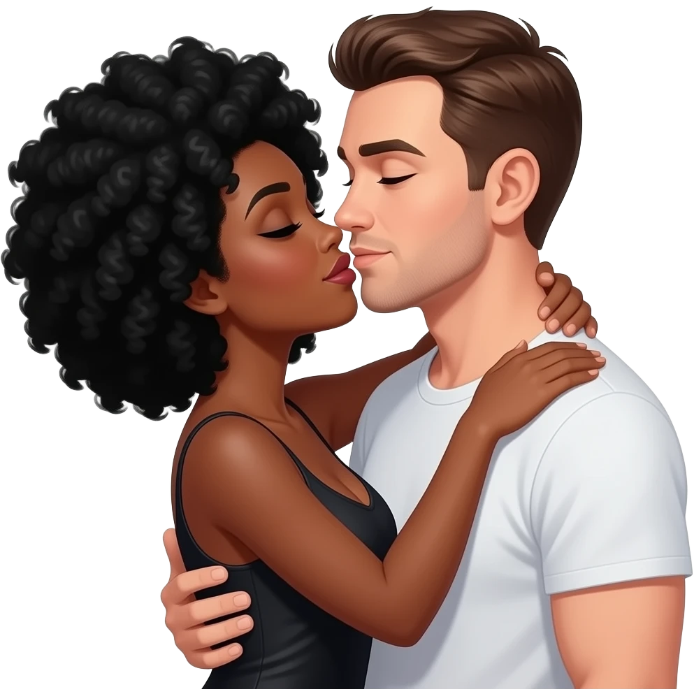 A sexy black woman with black hair Afro having sex with white man with brown hair emoji