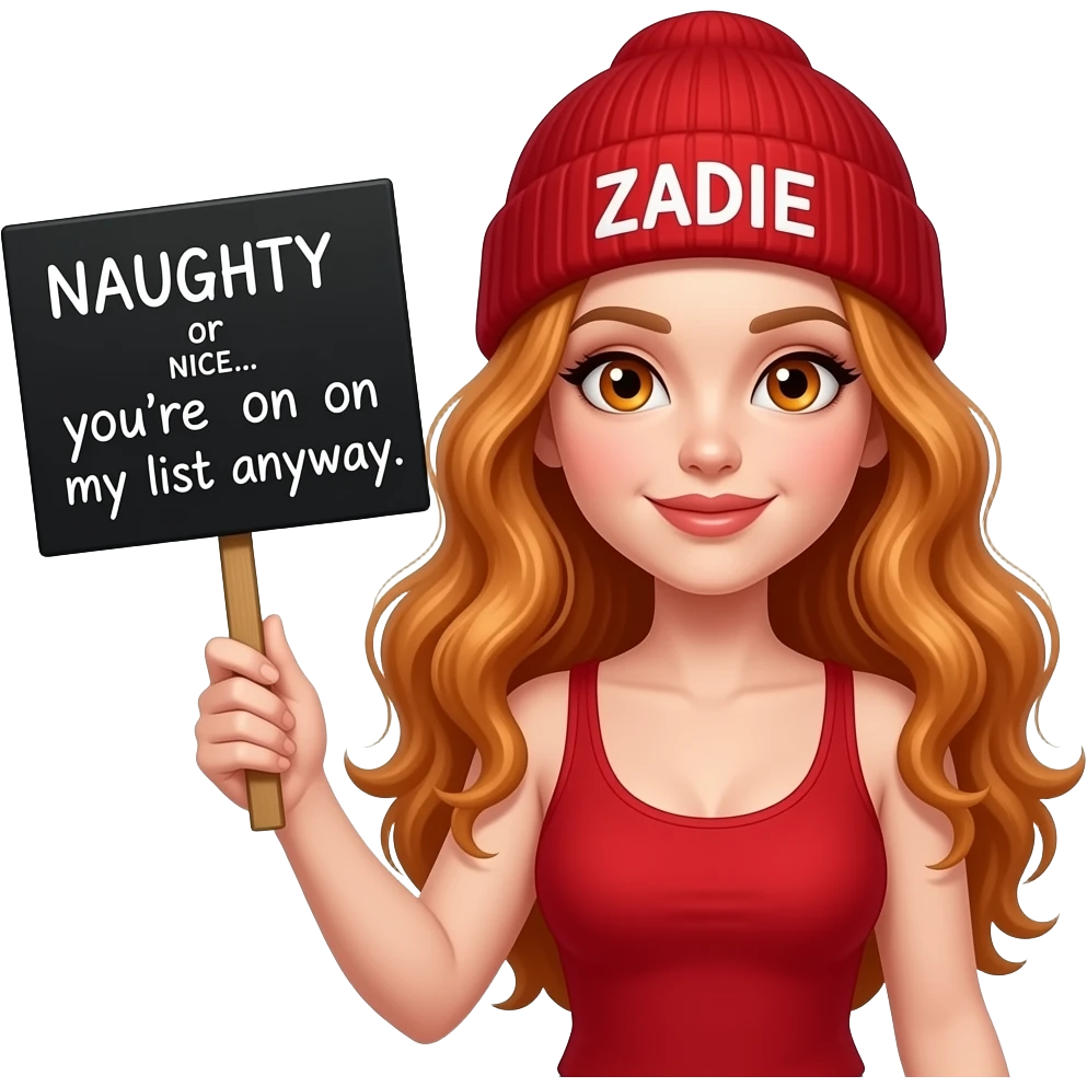 sexy girl with overlong wavy ginger hair and ginger eyes wearing a red tanktop and a red beanie with ZADIE written on it, is holding a black sign with NAUGHTY or NICE... you're on my list anywaywritten on it emoji