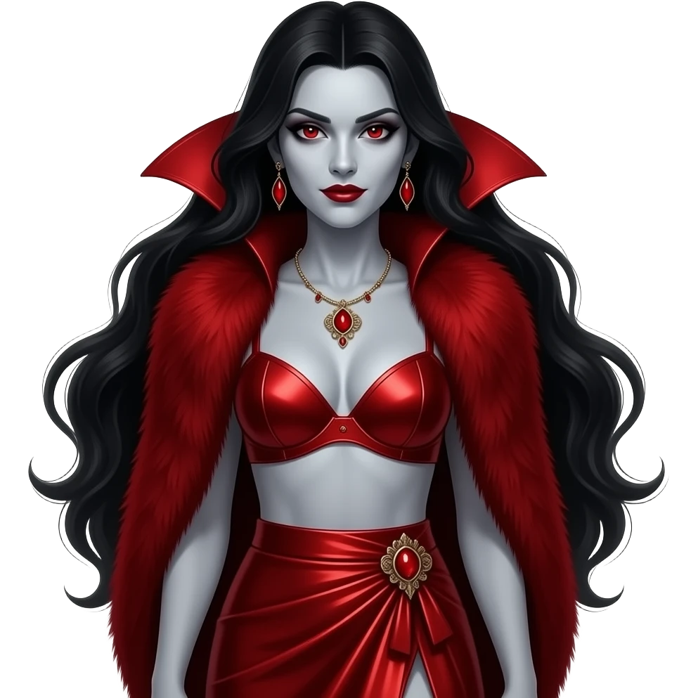 Bride of Dracula with pale grey skin, red eyes, long black hair, crimson fur shawl, crimson metallic bra, crimson metallic long wrap skirt, necklace and earrings emoji