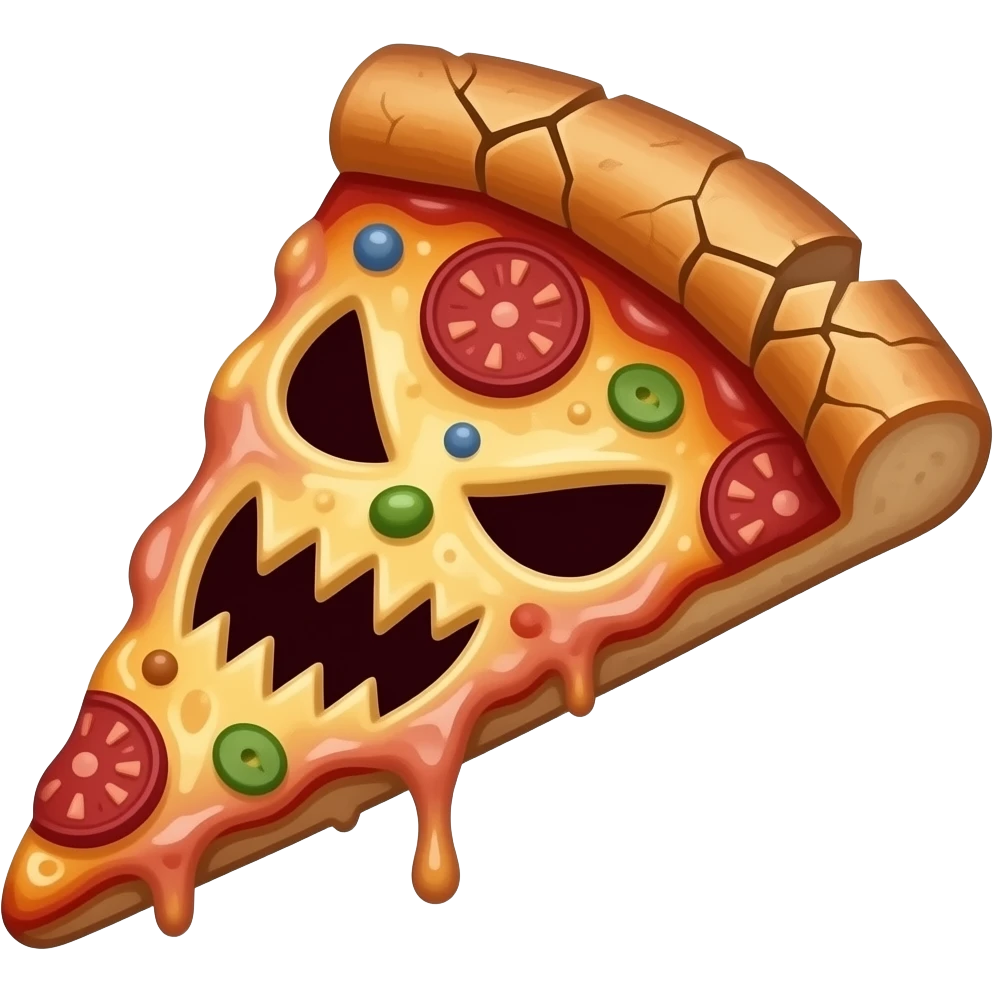 evil rotten pizza slice with eyes and mouth emoji