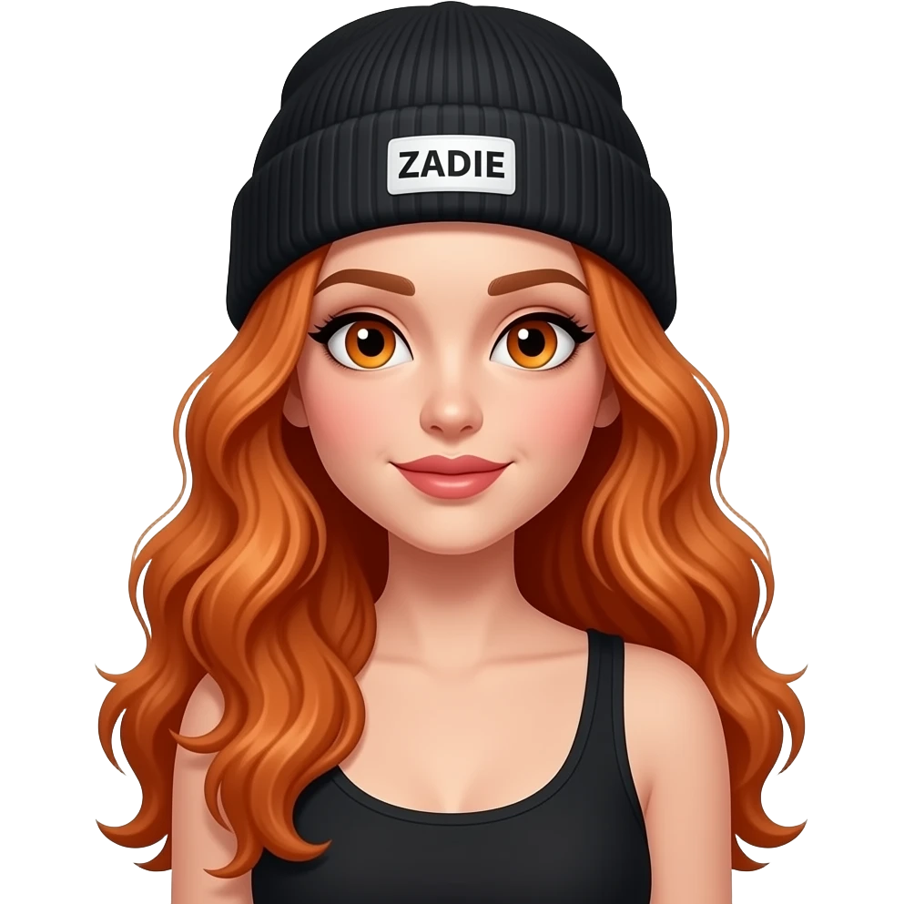 sexy girl with overlong wavy ginger hair and ginger eyes wearing a black tanktop and a black beanie with ZADIE written on it, is saying hallo emoji