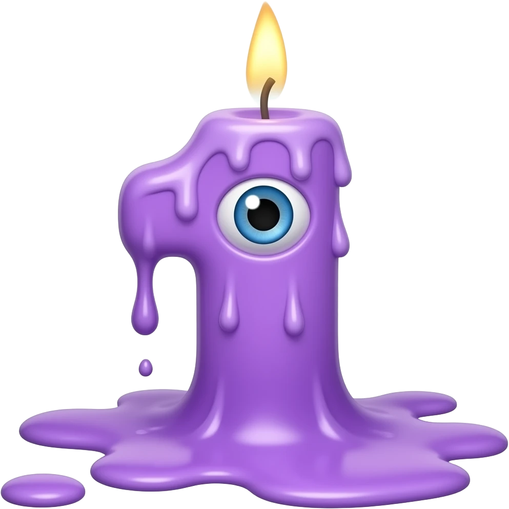 A purple wax candle in the shape of the number 1, and already melting and it has one eye emoji