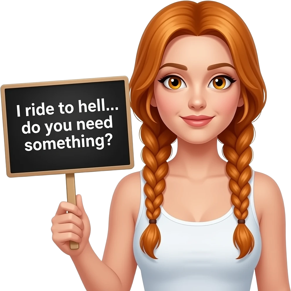 sexy girl with long ginger braids and ginger eyes wearing a white tanktop is holding a black sign with Ich fahr zur HÖLLE... brauchst DU was? written on it emoji