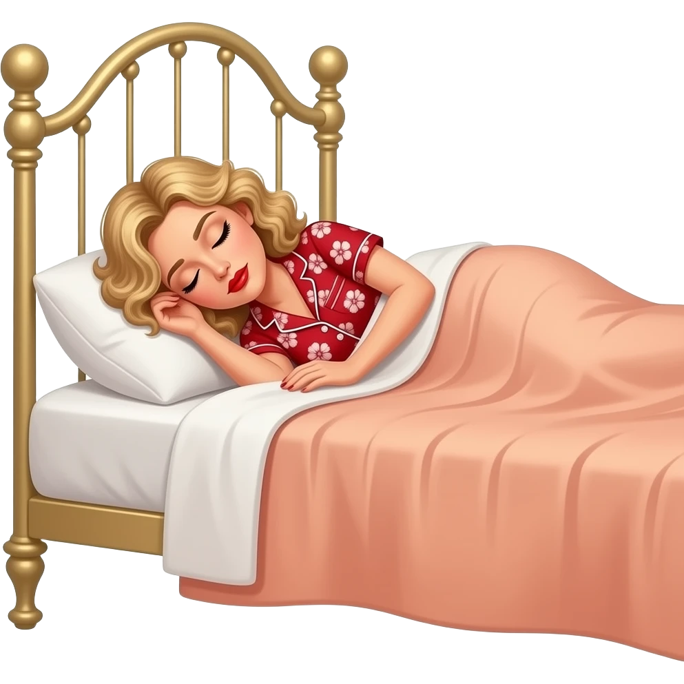 Short curly blond hair side swept red lipstick and peach and RED FLORAL SHORT SLEEVE PAJAMAS SET UNDER A PEACH DUVET SLEEPING ON THE SIDE, BLACK EYEBROWS ON A VITCTORIAN BED emoji