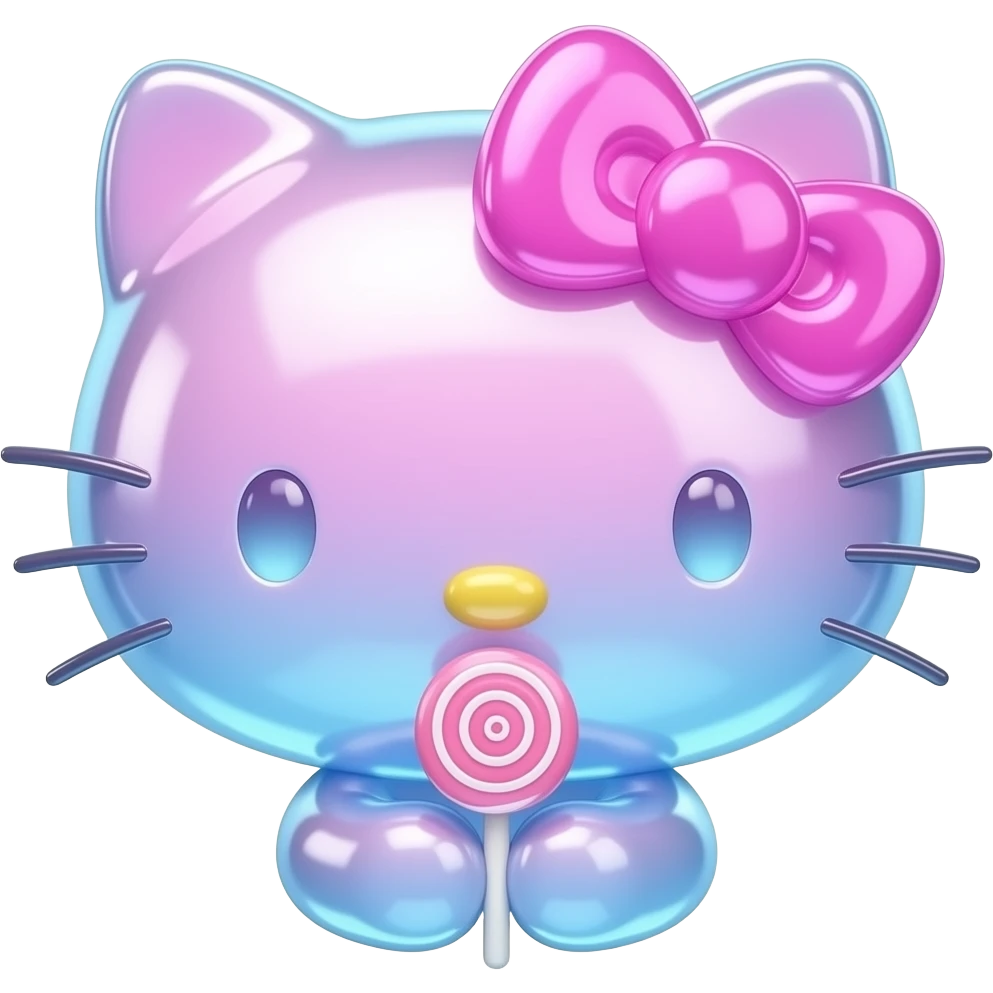Glowing 3d holographic pink and blue colored glass hello Kitty head with front paws holding a lollipop emoji