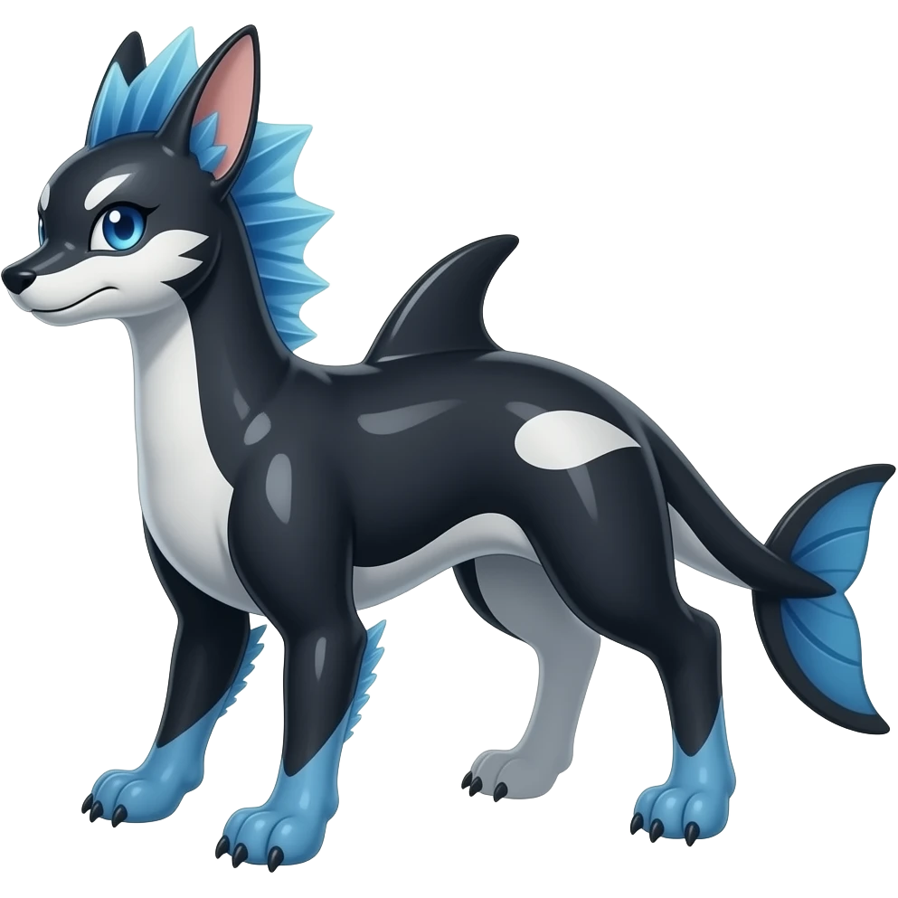 Quadrupedal digitigrade shiny glossy smooth finned frilled gothic tall slim unique epic legendary shiny edgy cool steampunk-cyberpunk-solarpunk-fantasy-Absol-Sprigatito-Vaporeon-Furret-Manectric-Mudkip-Fakémon-hybrid with an orca tail emoji