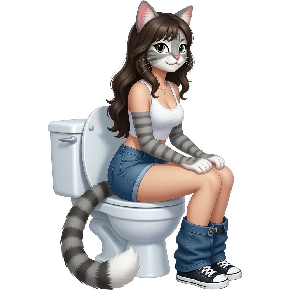 Female grey cat furry Woman,sit on toilet,fursona,side view emoji