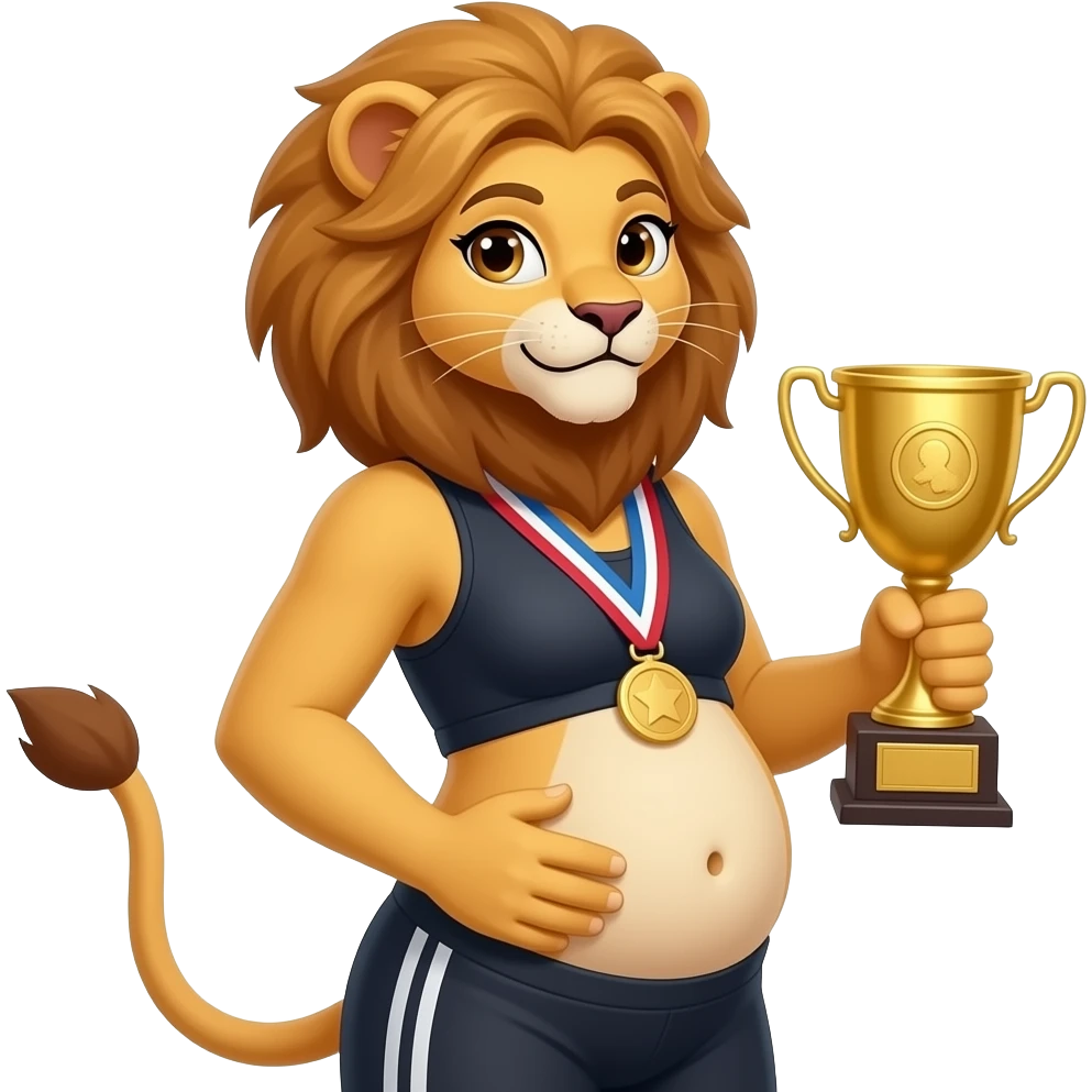 A humanoid girl lion cub,poses for the camera,have in the cutest side view of her young body,but also she is cradling and patting her rather large belly,so she is kind of fat,Bellybutton,she had just won an eating contest while gaining weight in the process,A full Tummy as an award. emoji