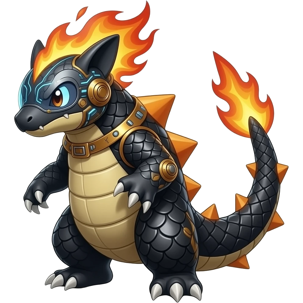 Cool edgy fiery electrical scaly cybernetic visor-helmeted, Circuitry-patterned black-scaled digitigrade futuristic fantasy-Cyberpunk-Steampunk-Solarpunk-Sharpedo-Garchomp-Genesect-Cyclizar-Salandit-Protogen-Fakémon-hybrid, tail blade, back spikes emoji
