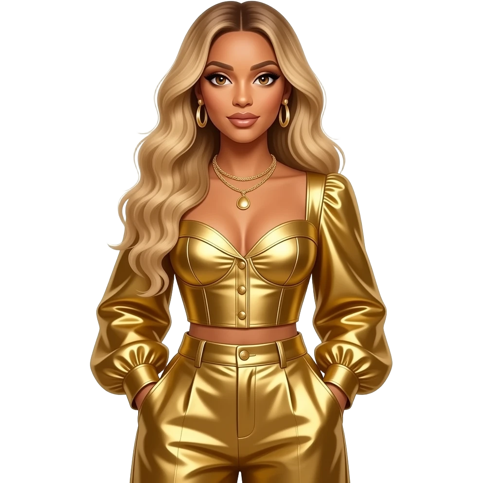 Beyonce with hazel eyes, long blonde hair, gold metallic sweetheart blouse, gold metallic baggy pants, necklace and earrings emoji