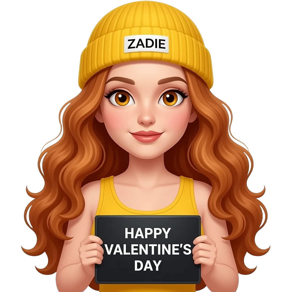 sexy girl with overlong wavy ginger hair and ginger eyes wearing a yellow tanktop and a yellow beanie with ZADIE written on it, is holding a black sign with just HAPPY VALENTINE'S DAY  💗 on it emoji