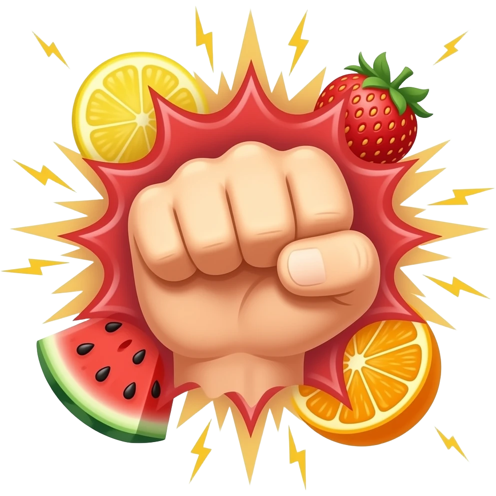 👊 emoji punching outward, surrounded by exploding fruits 🍉🍋🍓🍊 at various sizes radiating outward, tiny ⚡ lightning bolts scattered between them, dynamic explosion composition emoji