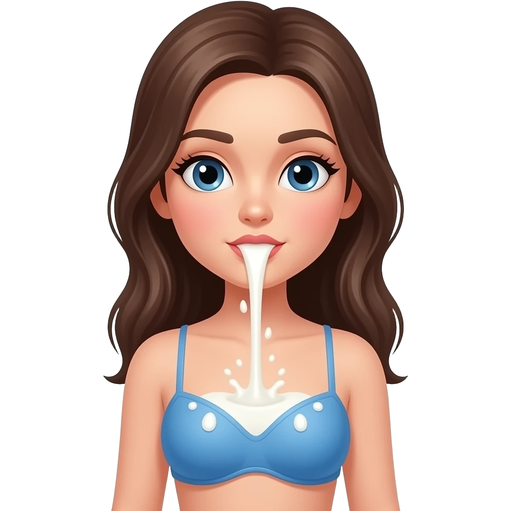 فتاة ترتدي حمالة زرقاء بشرة بيضاء ويخرج من فمها حليب emoji