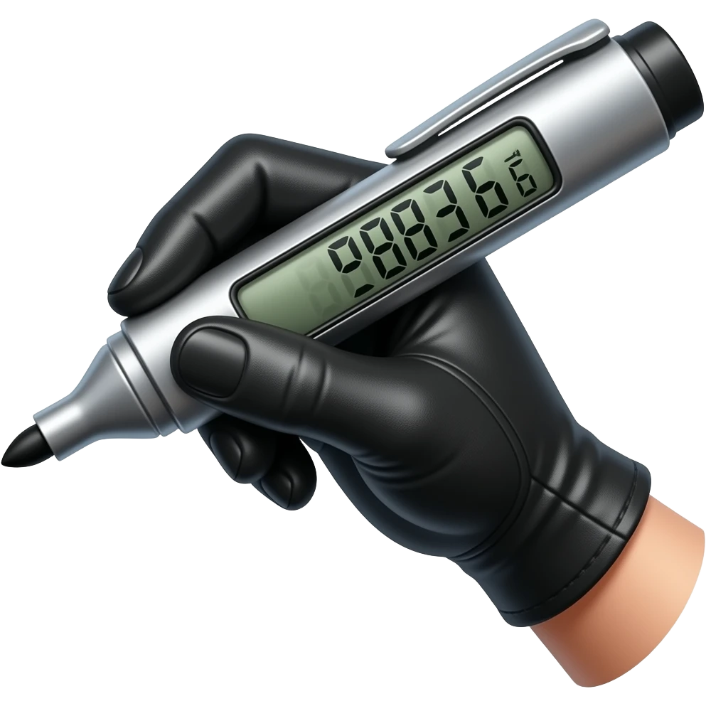 female hand in black glove writing with big bold metallic marker, timer on the marker emoji