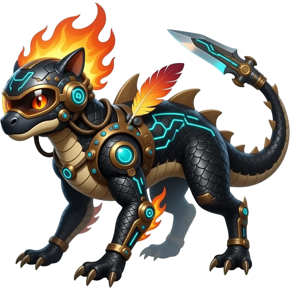 Cool edgy fiery bipedal scaly cybernetic electrical visor-helmeted, Circuitry-patterned black-scaled digitigrade futuristic fantasy-Cyberpunk-Steampunk-Solarpunk-Genesect-Cyclizar-Salazzle-Protogen-Fakémon-animal-hybrid, with neon feathery, and a tail blade, back spikes emoji