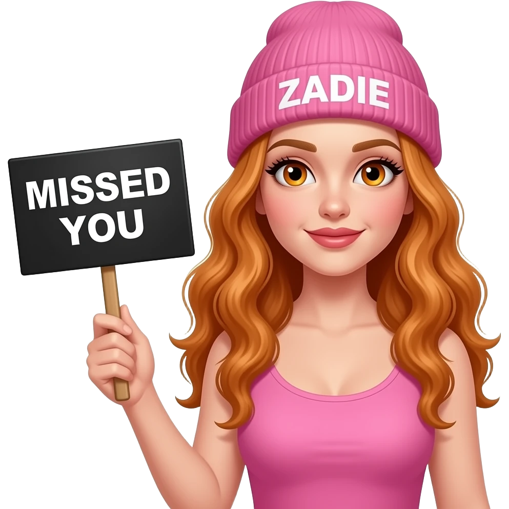 sexy girl with overlong wavy ginger hair and ginger eyes wearing a pink tanktop and a pink beanie with ZADIE written on it, is holding a black sign with MISSED YOU written on it emoji