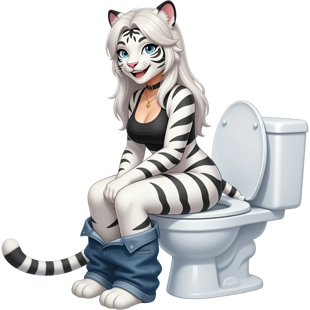 Female white tiger furry person woman,sit on toilet,smile,fursona,pants down,side view emoji