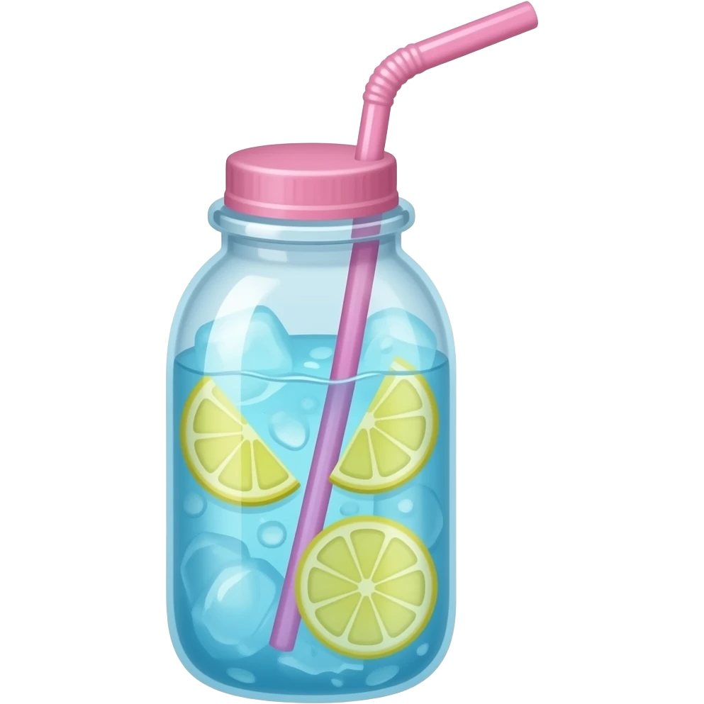 Pink water bottle with ice cold blue water with lemon slices and a pink straw. Realistic emoji