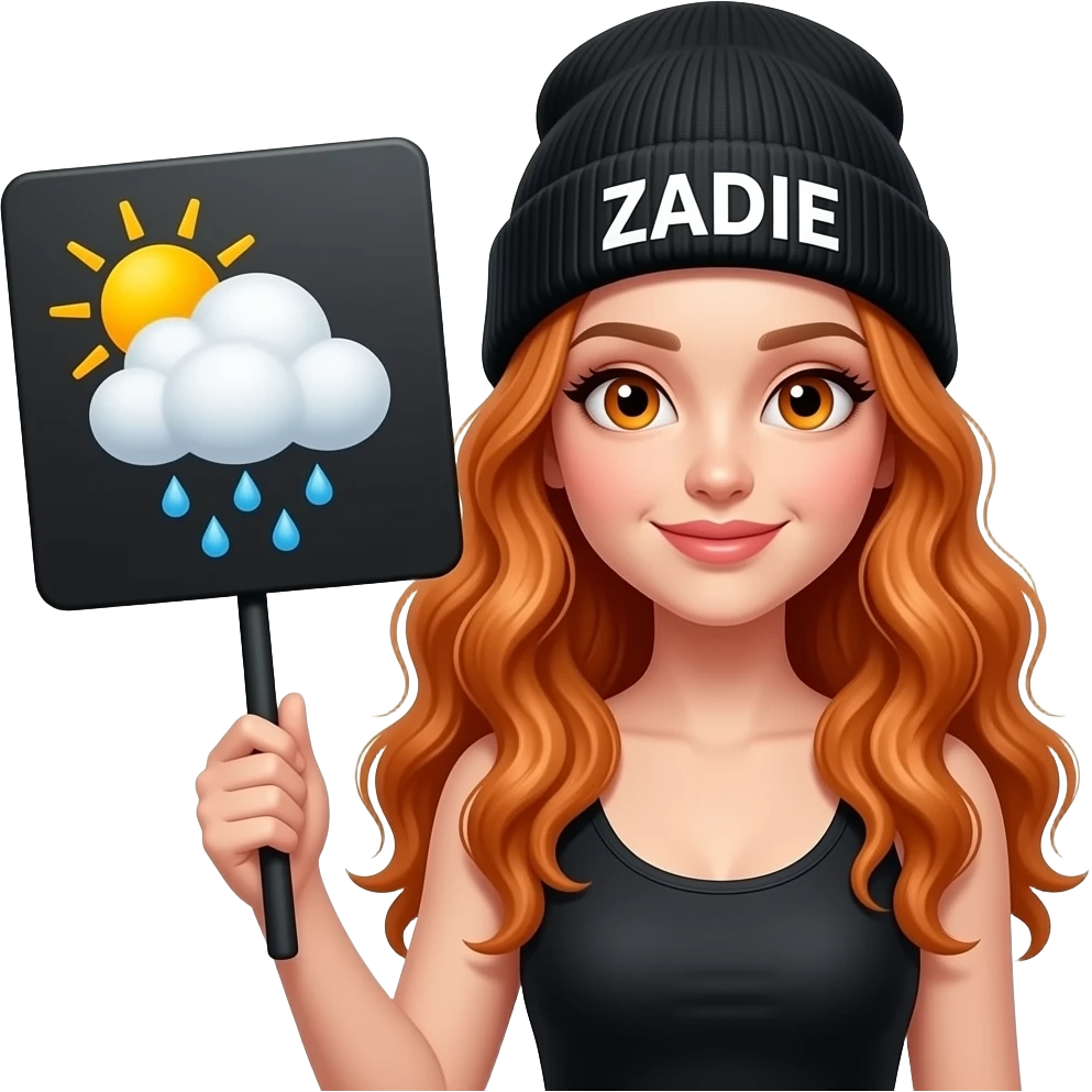 sexy girl with overlong wavy ginger hair and ginger eyes wearing a black tanktop and a black beanie with ZADIE written on it, is holding a black sign with 🌦️ on it emoji