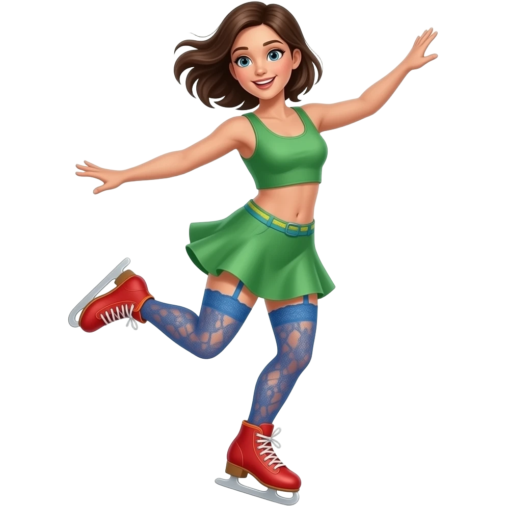 Girl(With Red Shoes With Orange Trim) Jumps And Lifts Green Short Dress Without Sleeves Up To See Blue Lace Stocking With Teal Garter Belt With Lace Yellow Panties And Belly Button In Skating Windy Dancing. emoji